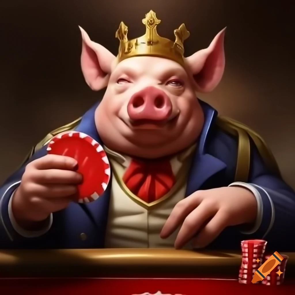 Anthropomorphic pig dressed as a king holding red casino chip
