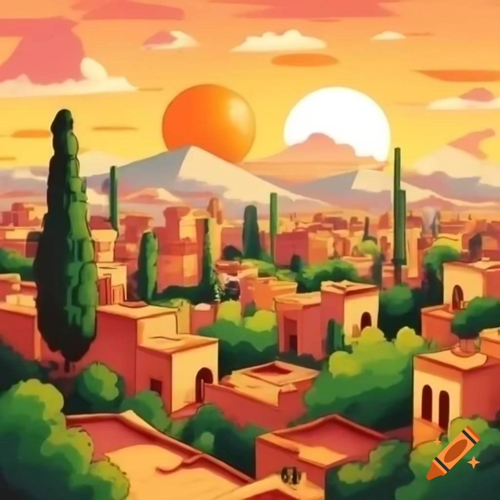 Shiraz city skyline with cypress trees and colorful sky, blocky oil painting