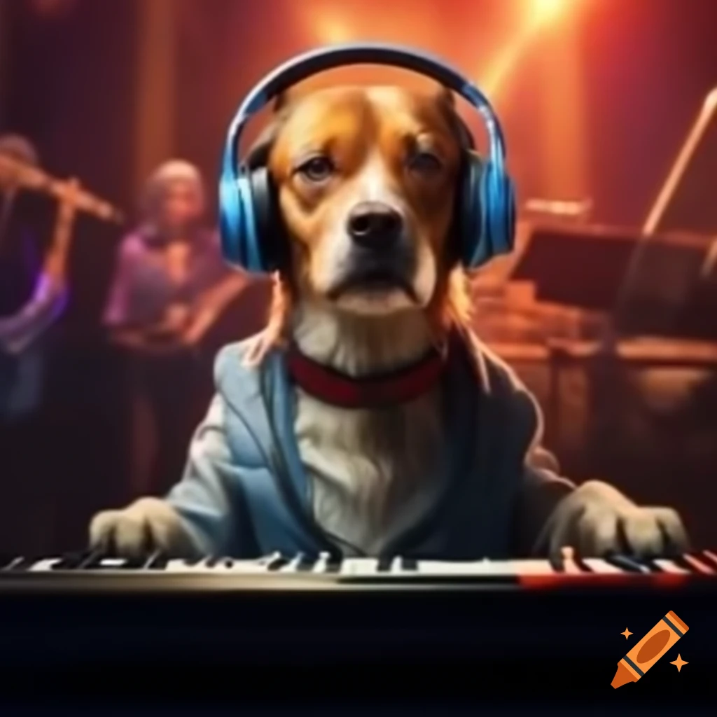 Cool dog in headphones playing piano with jazz music background