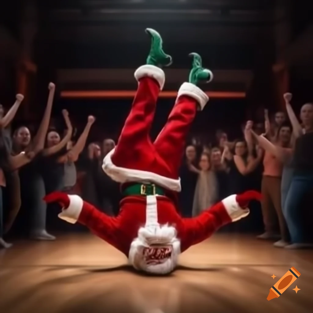 Santa breakdancing on dance floor with cheering crowd