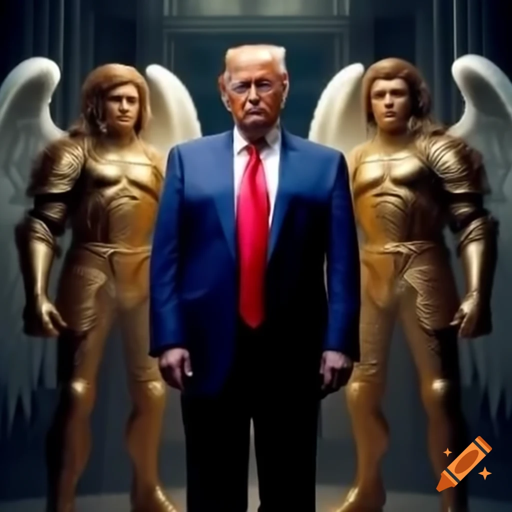Donald Trump with two giant male angels in gold armor