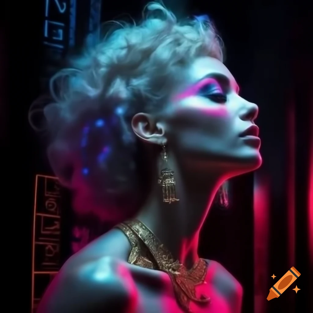 Silhouette portrait of woman with hieroglyphs and digital patterns