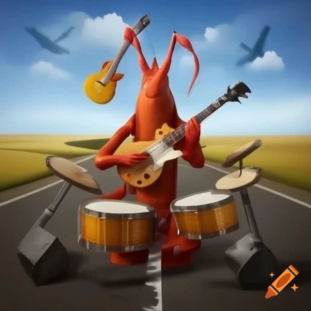Anthropomorphic crayfish playing drums on lonely asphalt road with guitar in surrealist style