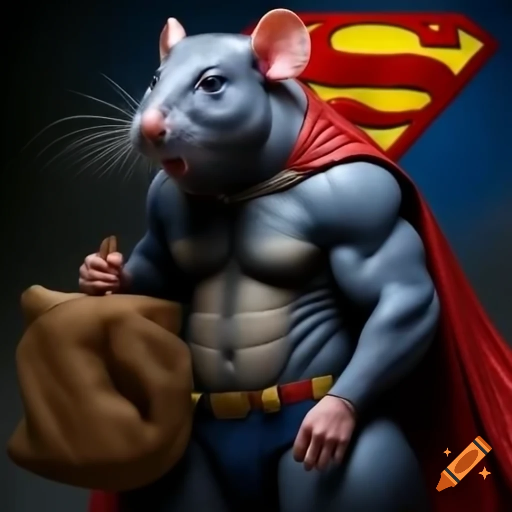 Muscular rat with money bag and Superman wig