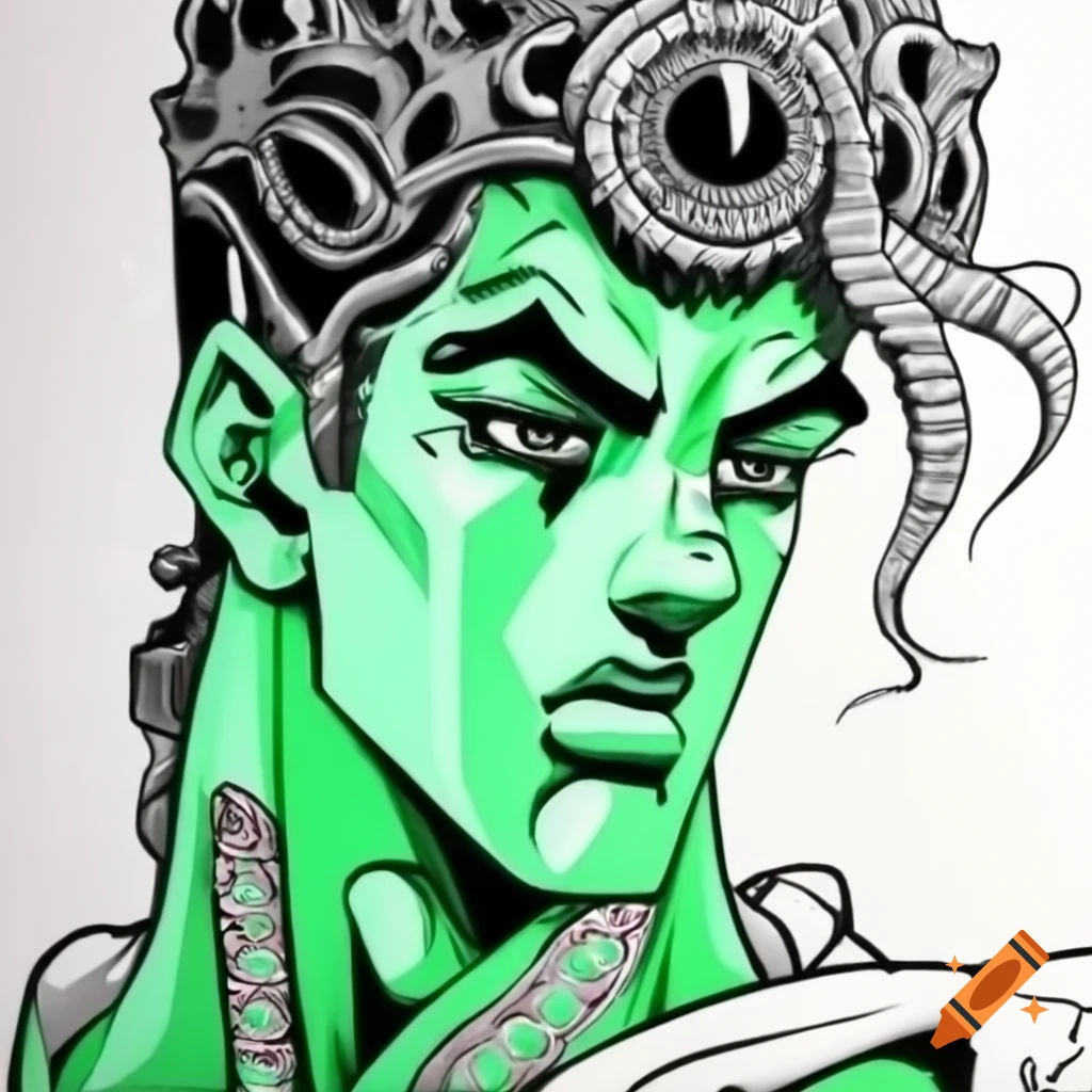Green and black drawing of male figure in Morocco, JoJo style