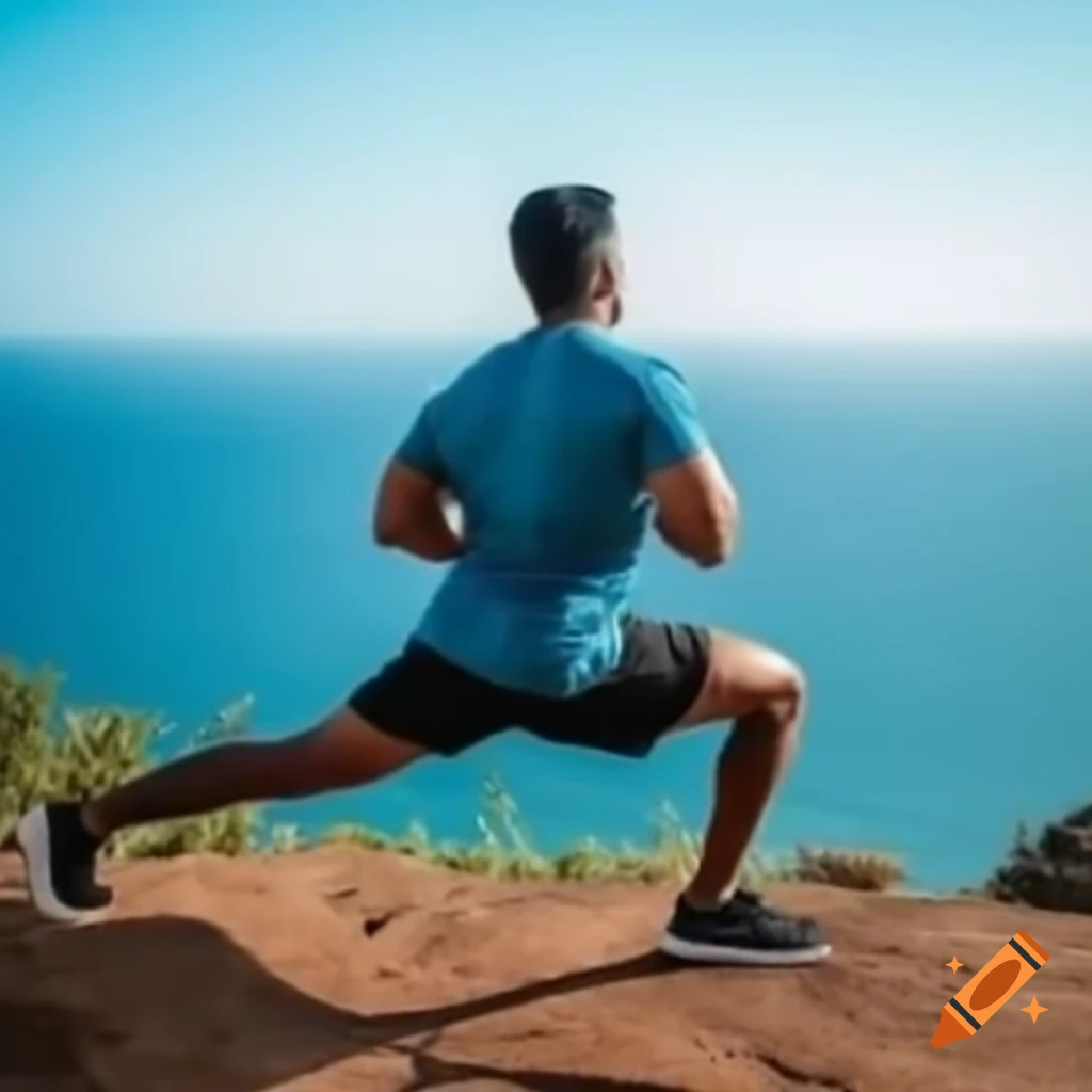 Indian man doing pushups on cliff with ocean view