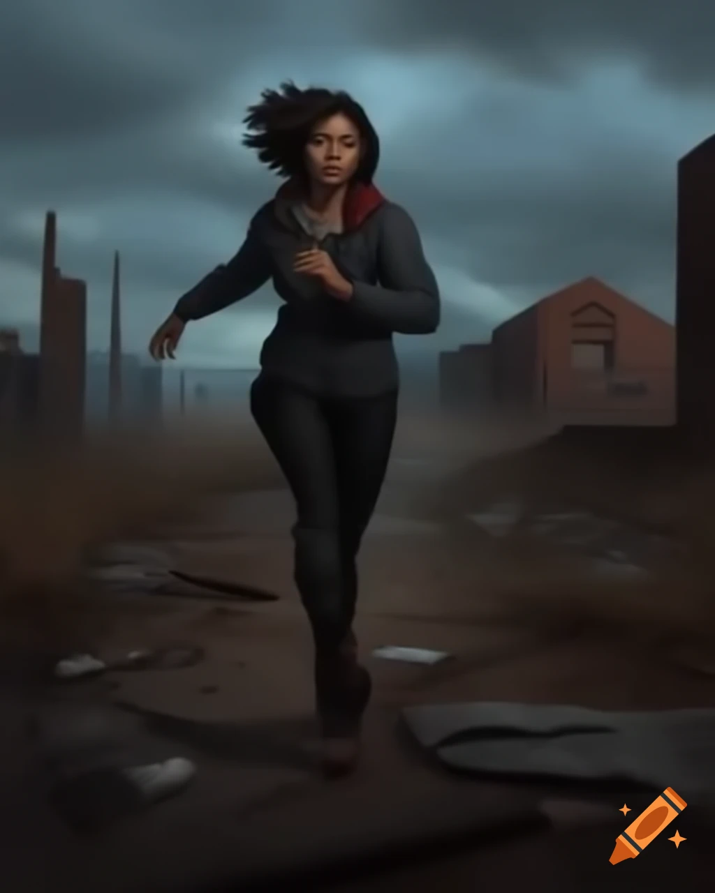 Mixed race woman in her thirties in abandoned landscape representing silent revolt