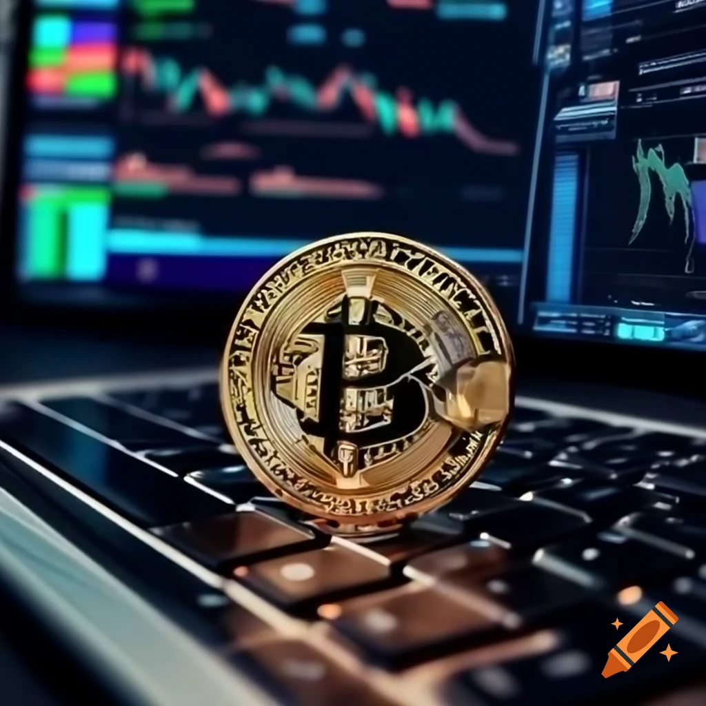 Close-up of Bitcoin coin on laptop keyboard with stock charts in background
