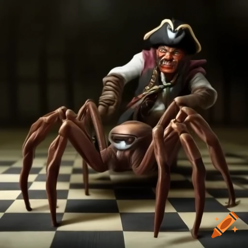 Pirate battling a giant spider on a checkered floor