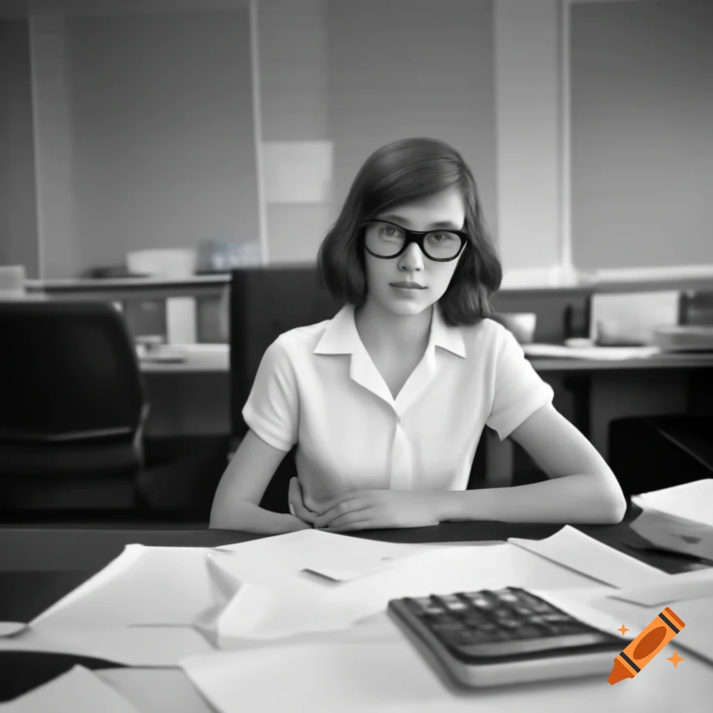 Young woman with glasses in office surrounded by papers and calculator