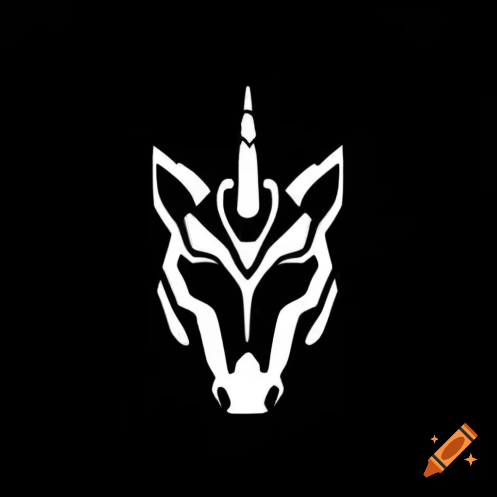 Minimalist mecha unicorn mask logo on black background
