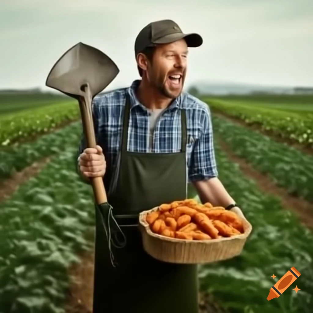 Man with shovel eating potato in carrot farm