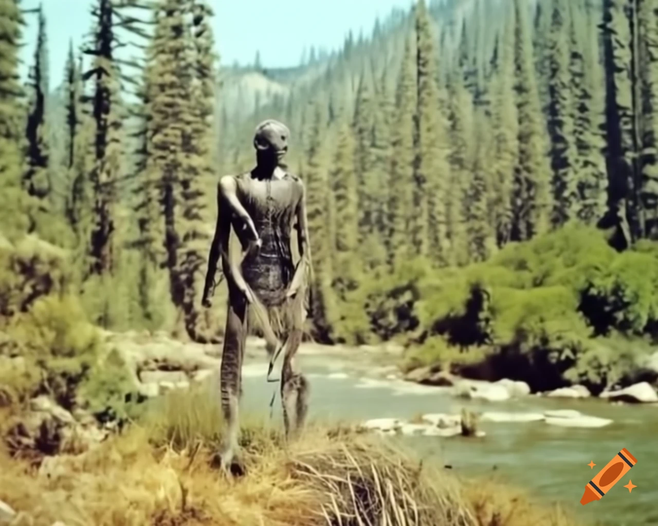 Historical found footage of a dark hairy anthropoid figure walking upright
