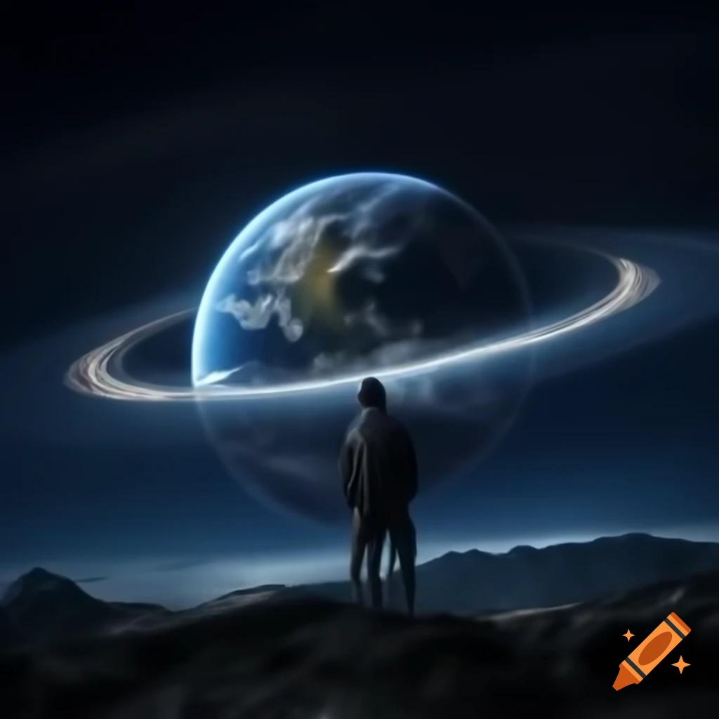 Night sky with imaginative depiction of Earth having rings