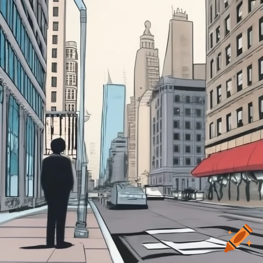 Comic book drawing of city skyline with man in suit on lonely street