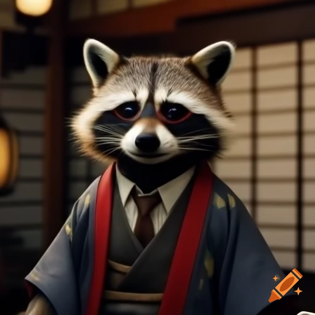 Raccoon dressed in traditional Japanese style suit indoors