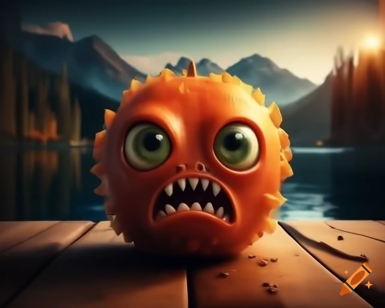 Hyper-realistic 3D orange monster with human features on wooden table