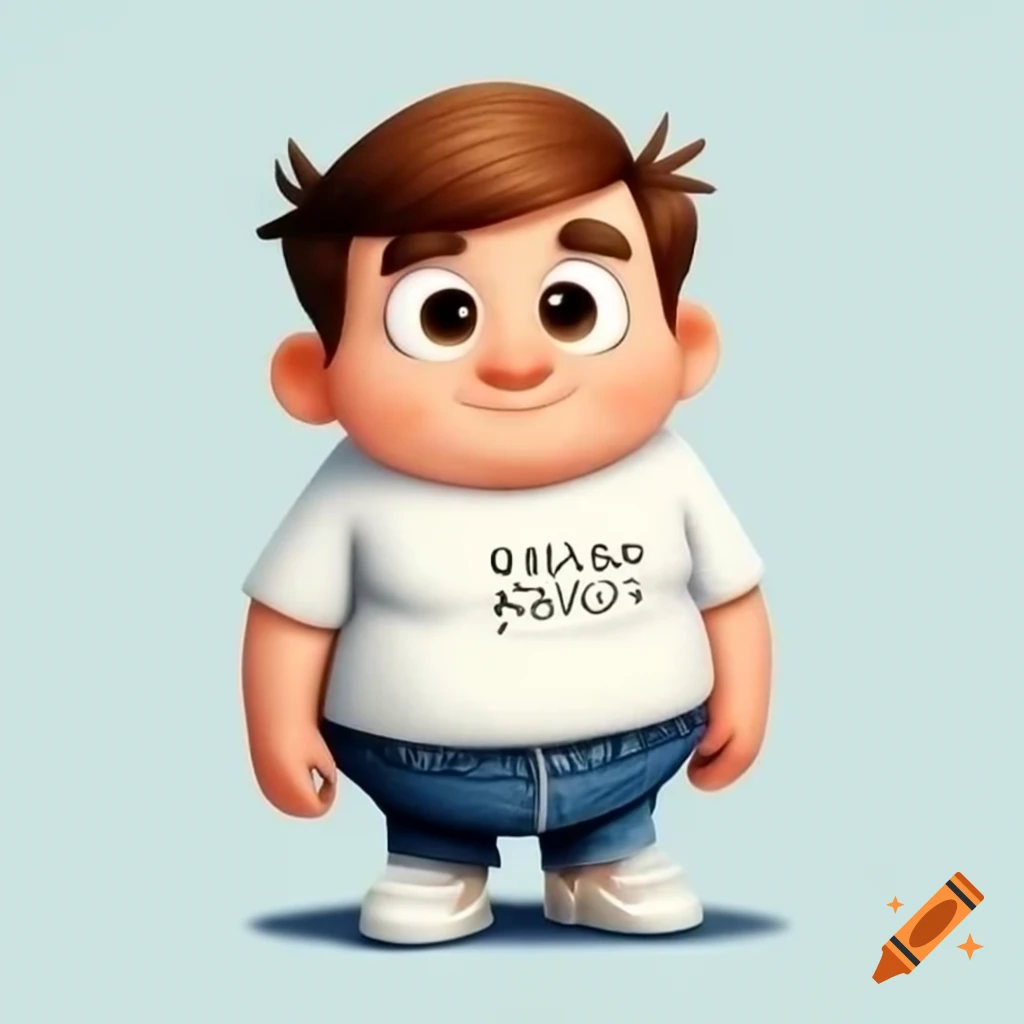 Poster design featuring a chubby man with brown hair in casual attire