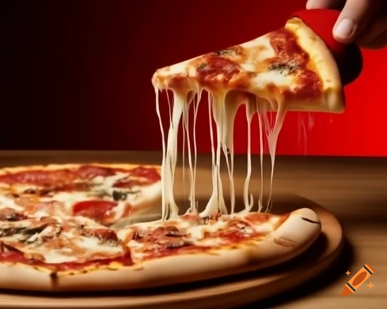 Photorealistic pizza with one slice being removed