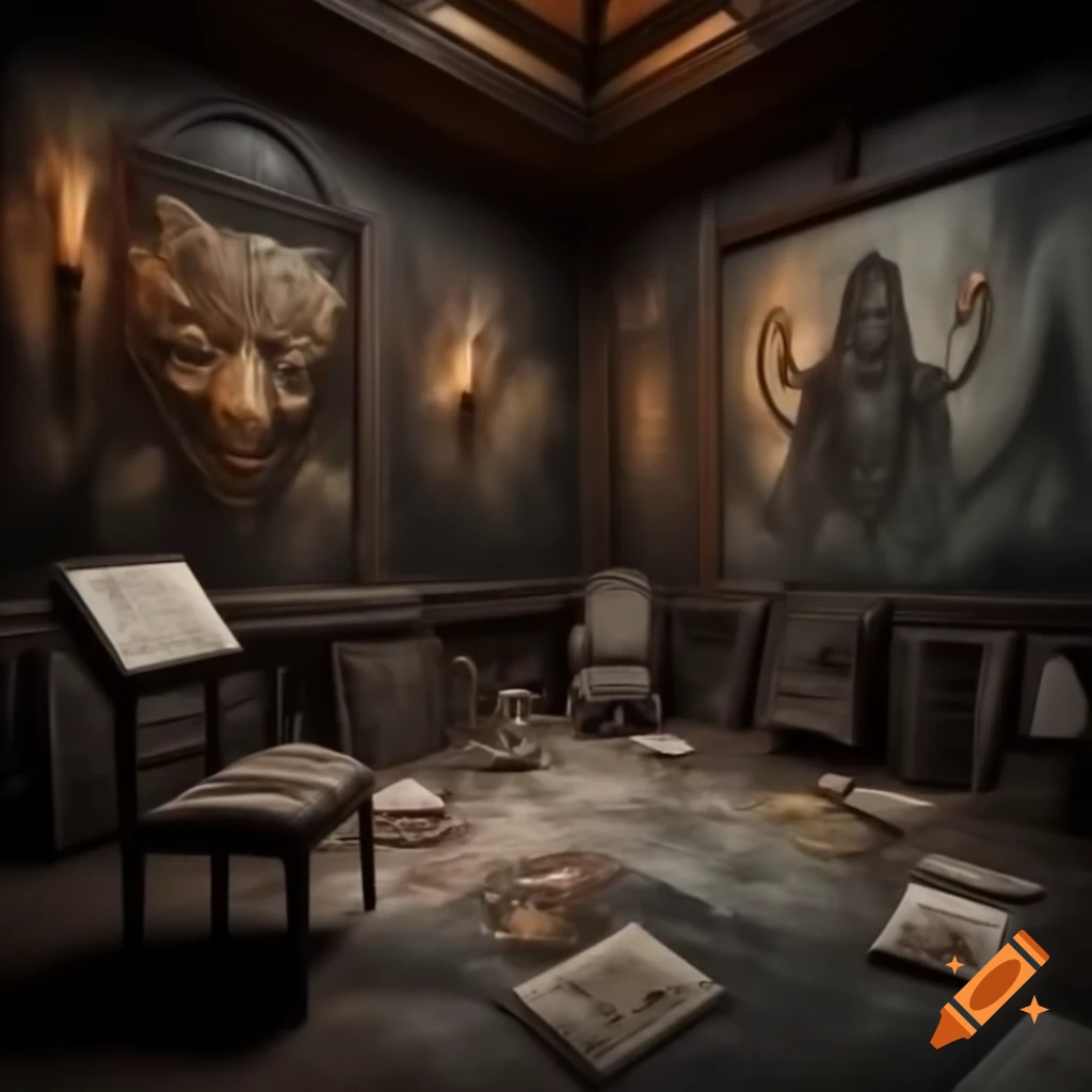 Realistic scary house room with demonic drawings on walls