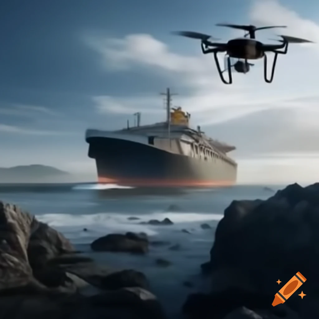 Ship on rocky shore with drones flying overhead
