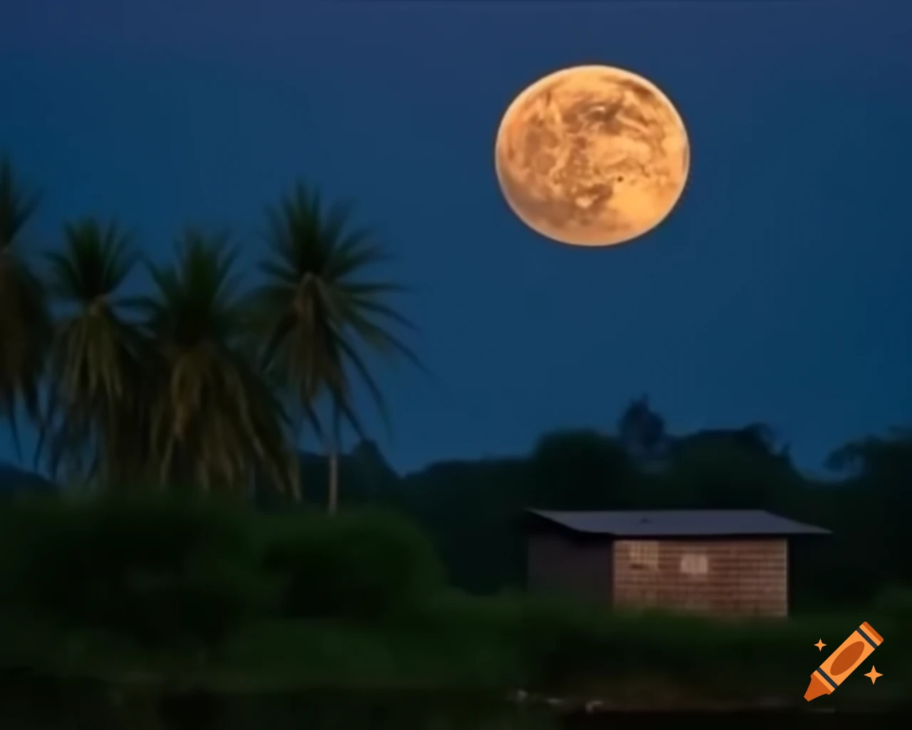 Full moon over bamboo with distant view of village