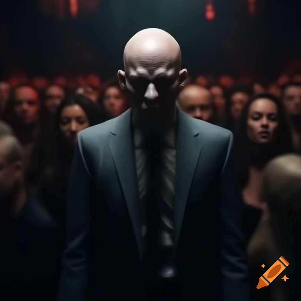 Mysterious bald figure standing out in dark nightclub crowd