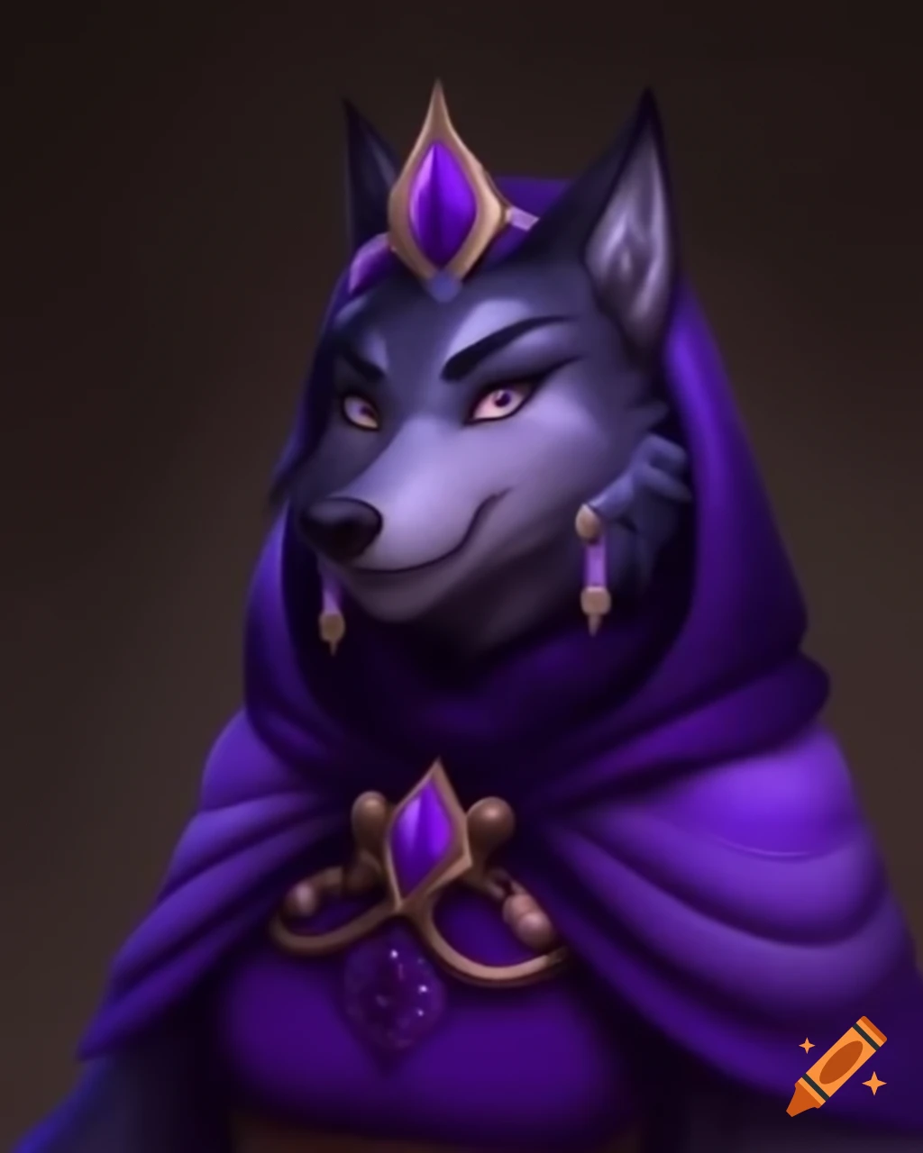 Anthropomorphic female wolf in purple royal cloak and jeweled headdress