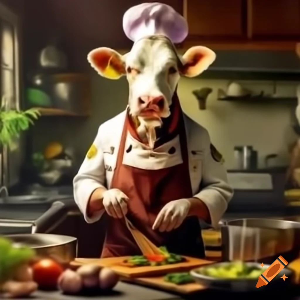 Funny cow in kitchen wearing chef apron and cooking vegetables