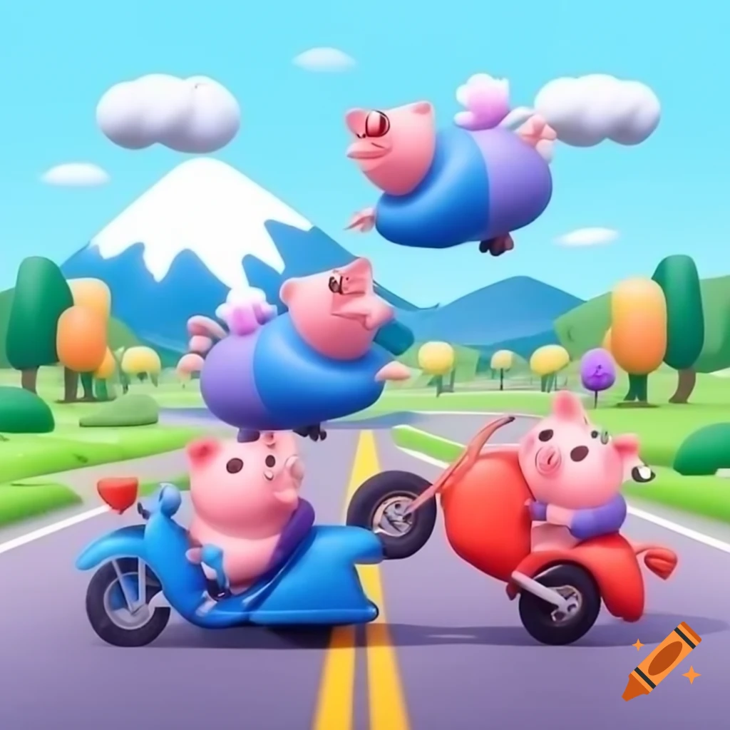 Cartoon of blue bouncy pigs riding motorbike with mountain and flowers background