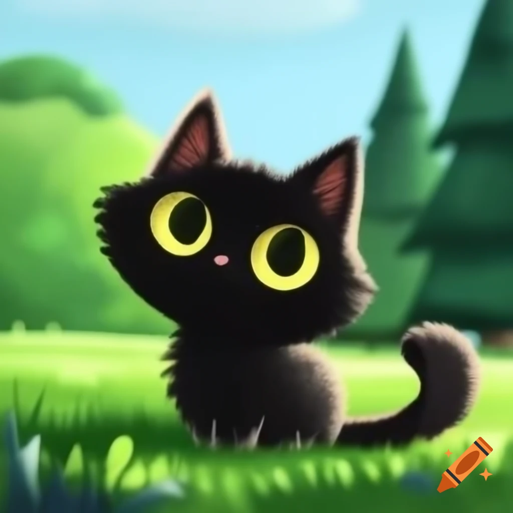 Fluffy black cat with yellow eyes in green field with trees