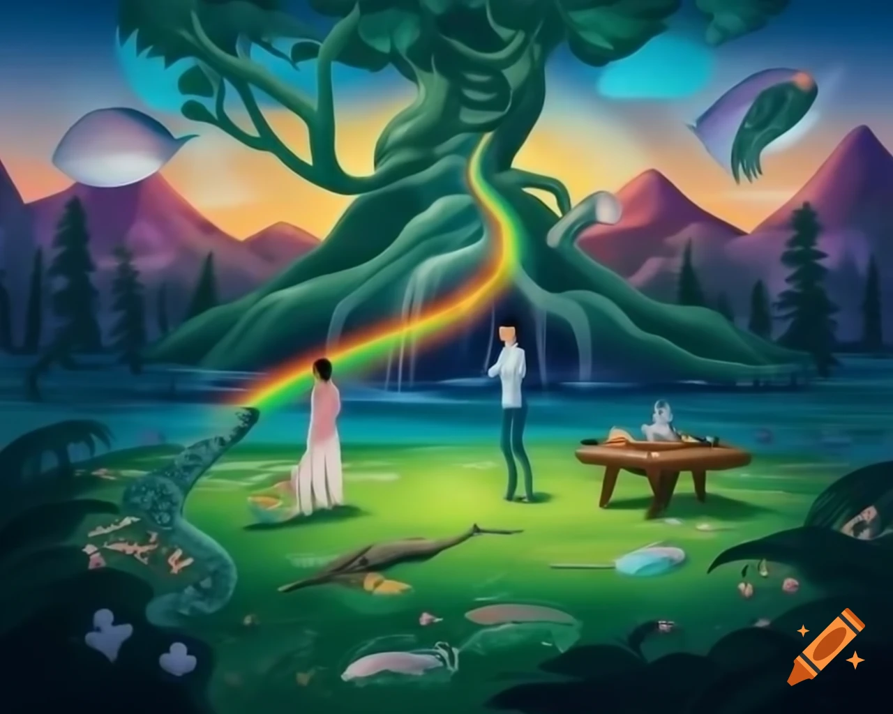 Porcelain fairy goddess on wooden table in enchanted forest