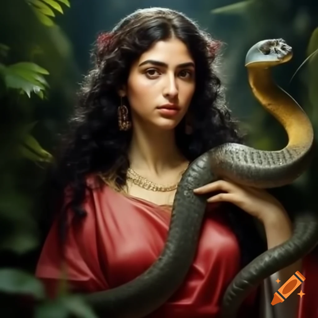 Virgin Mary Magdalene with snake in lush garden, wearing blue-red attire