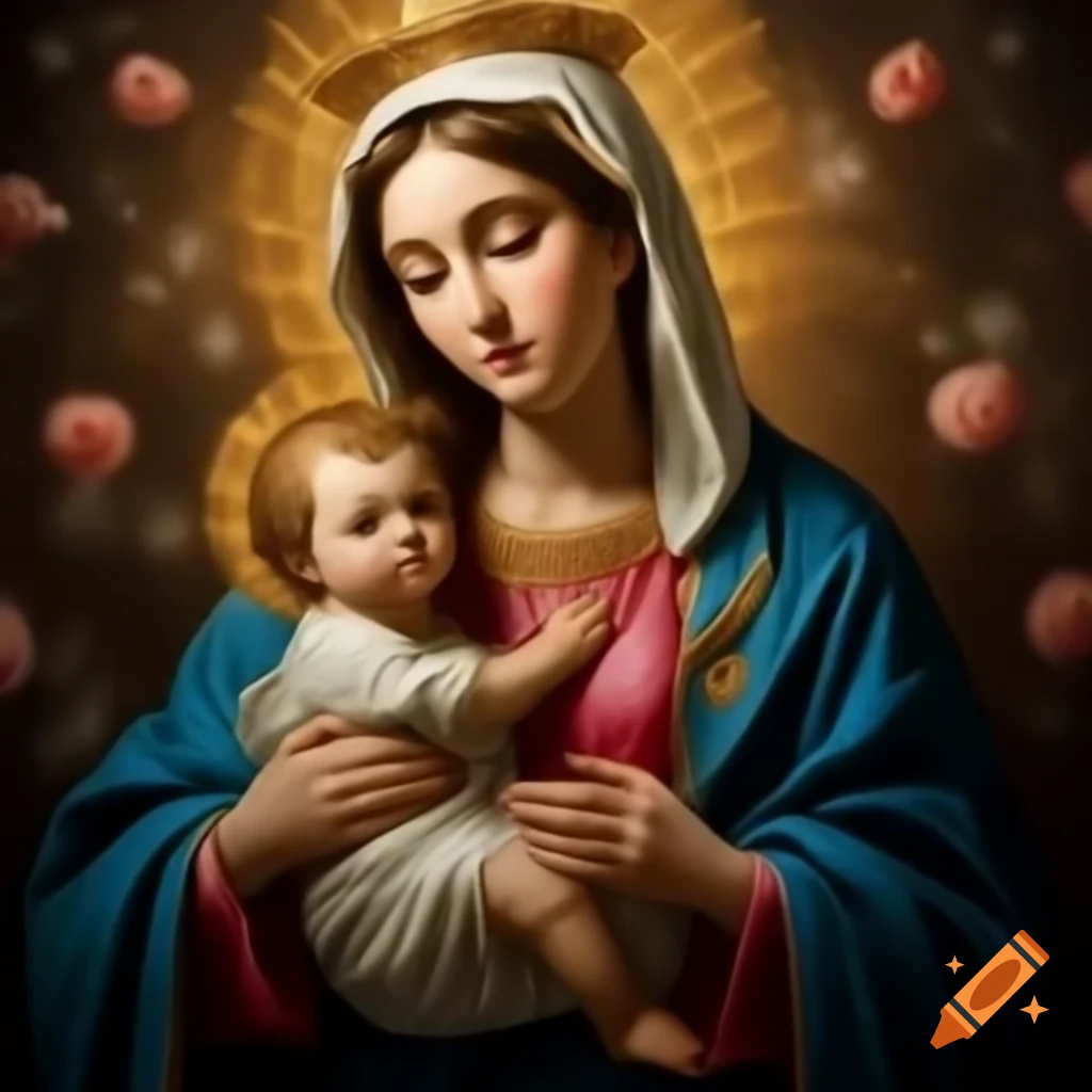 Hyperrealistic depiction of the Virgin Mary symbolizing purity and tenderness