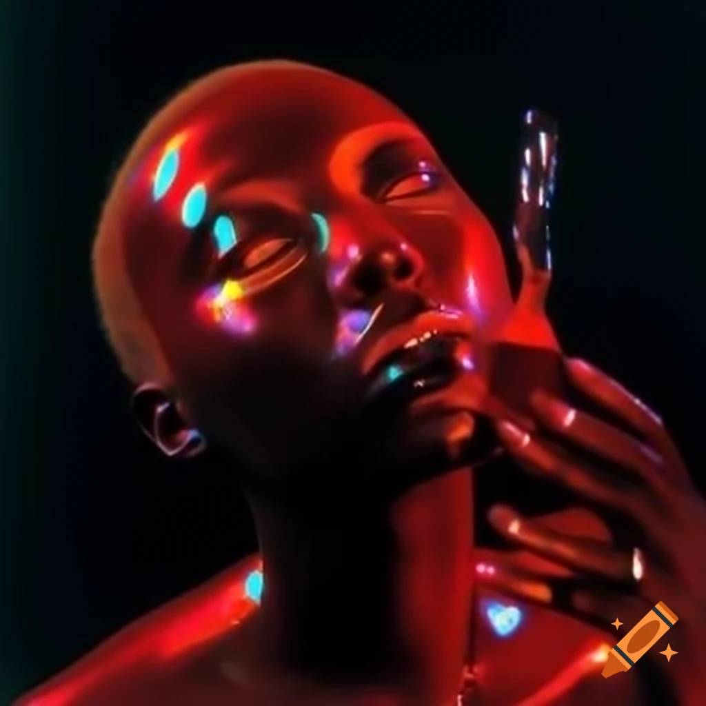 Iridescent red glass statue in pop surreal 2000's photography style