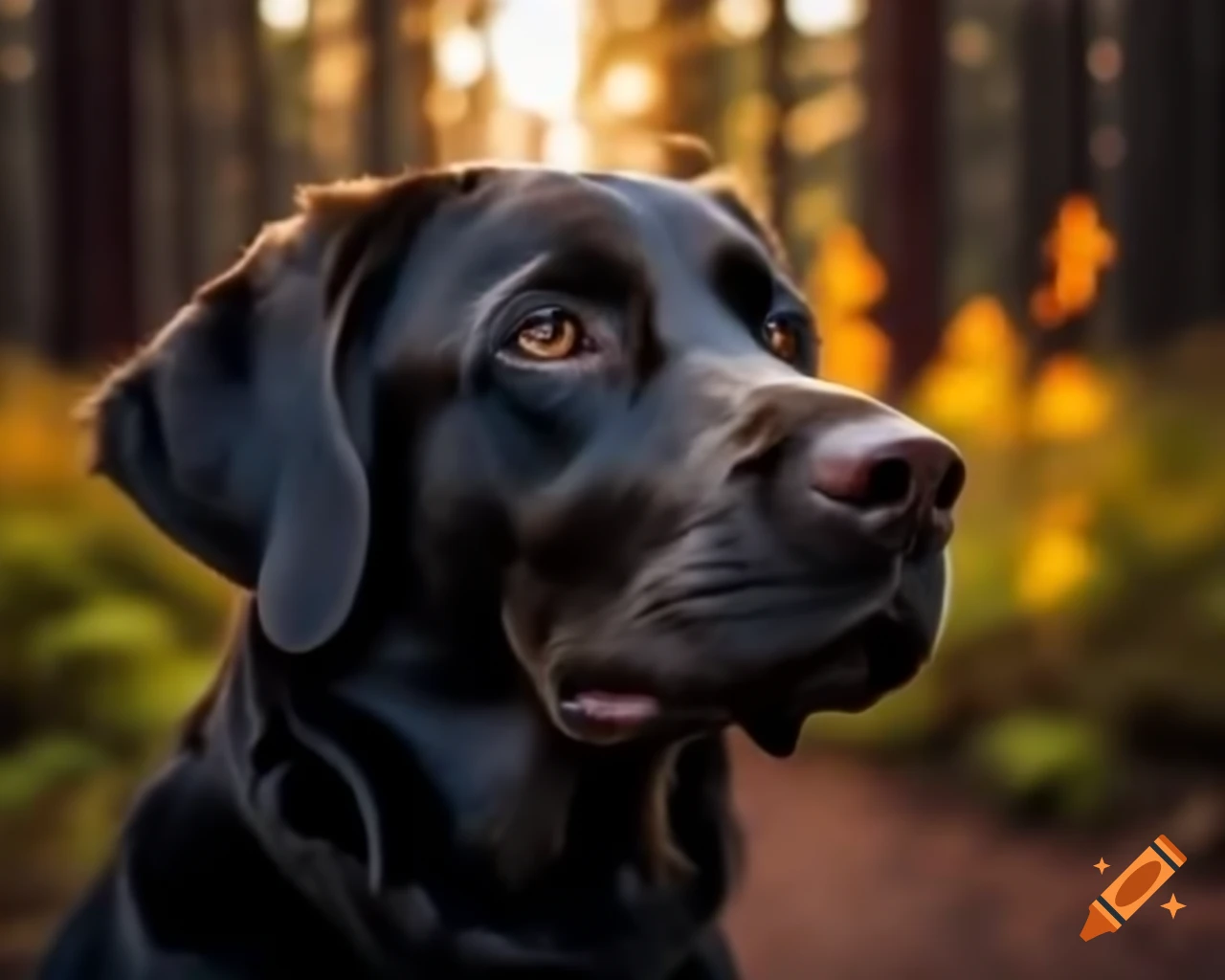 Black Labrador Retriever in forest facing camera with trees in background