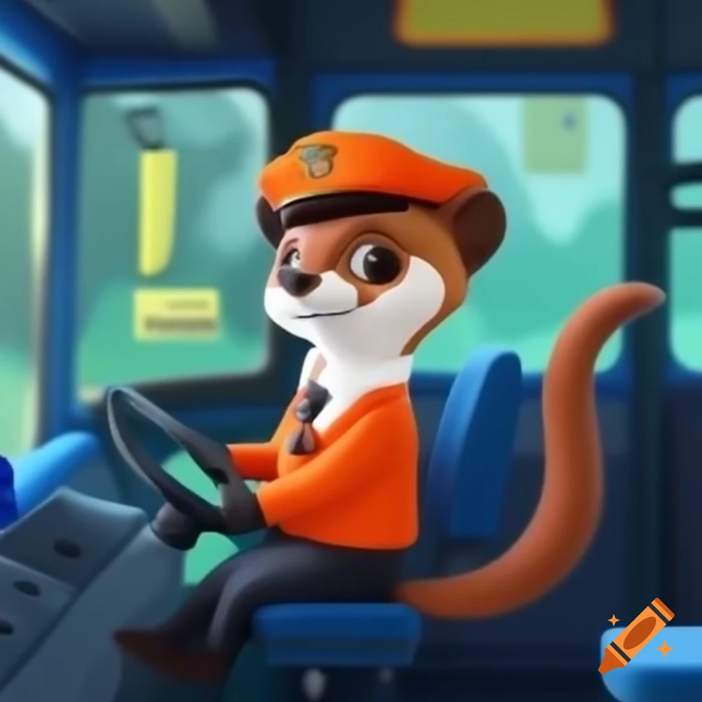 Cartoon weasel as bus driver in orange and blue uniform on craiyon