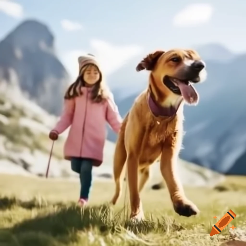 Girl walking with dog in mountainous landscape