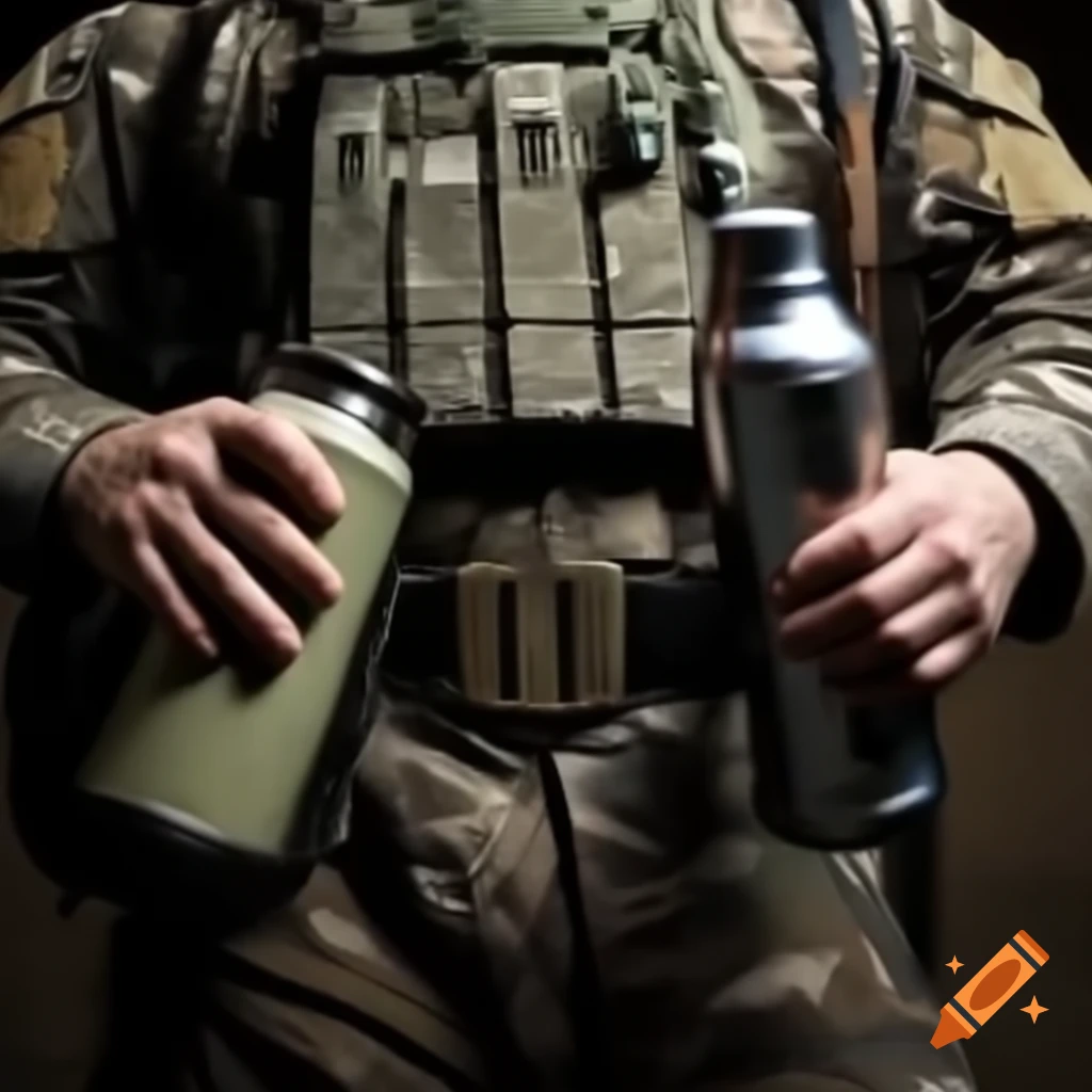 Soldier carrying multiple thermoses on belt