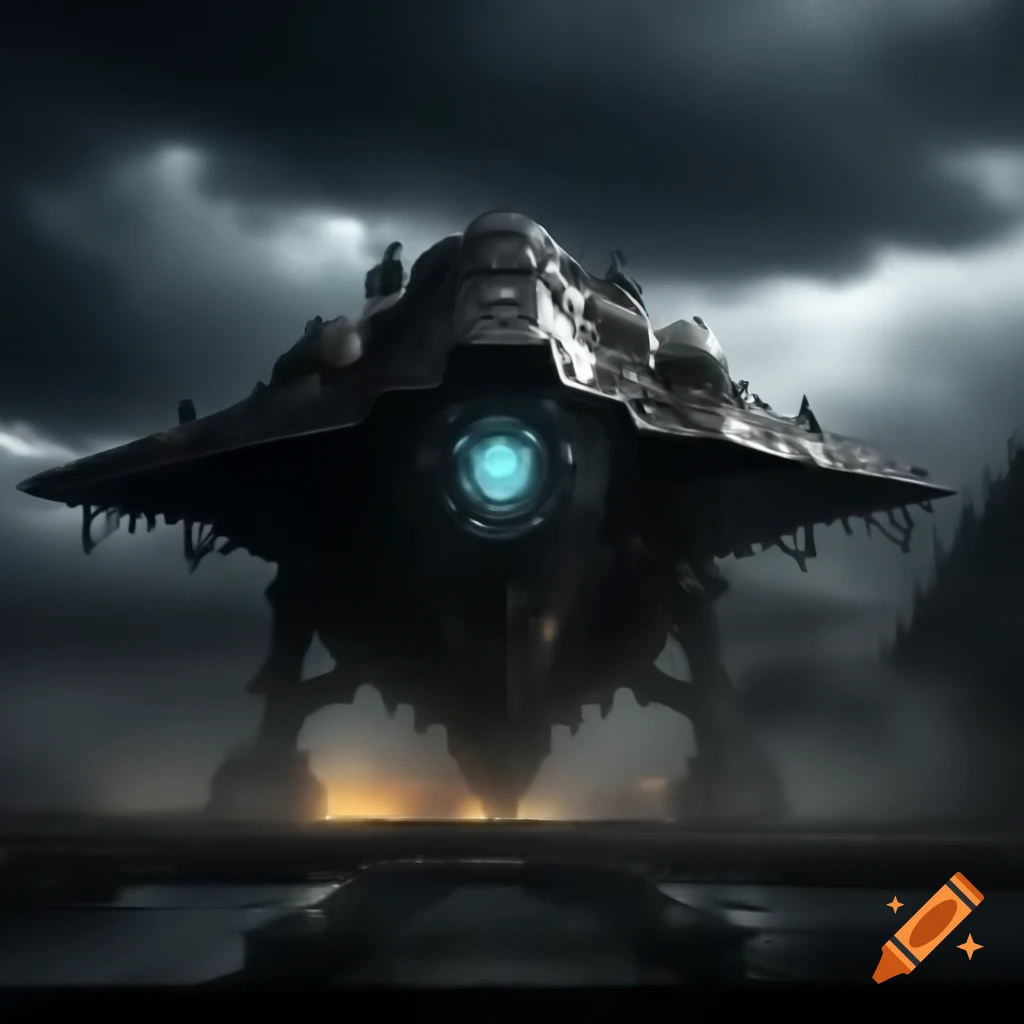 Dystopian dark-themed gigantic spaceship under stormy weather