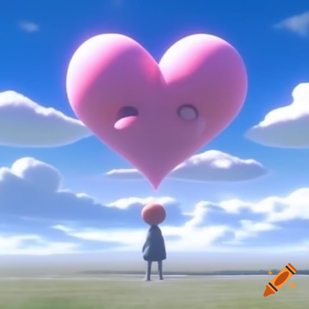 Pop surreal photography featuring anime heart statue against bright sky