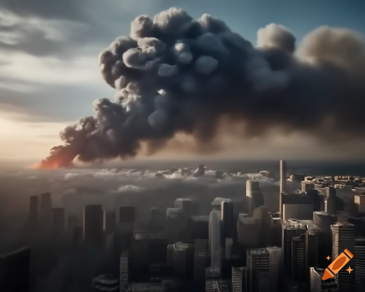 Industrial scene with smoke rising from large structures against cityscape