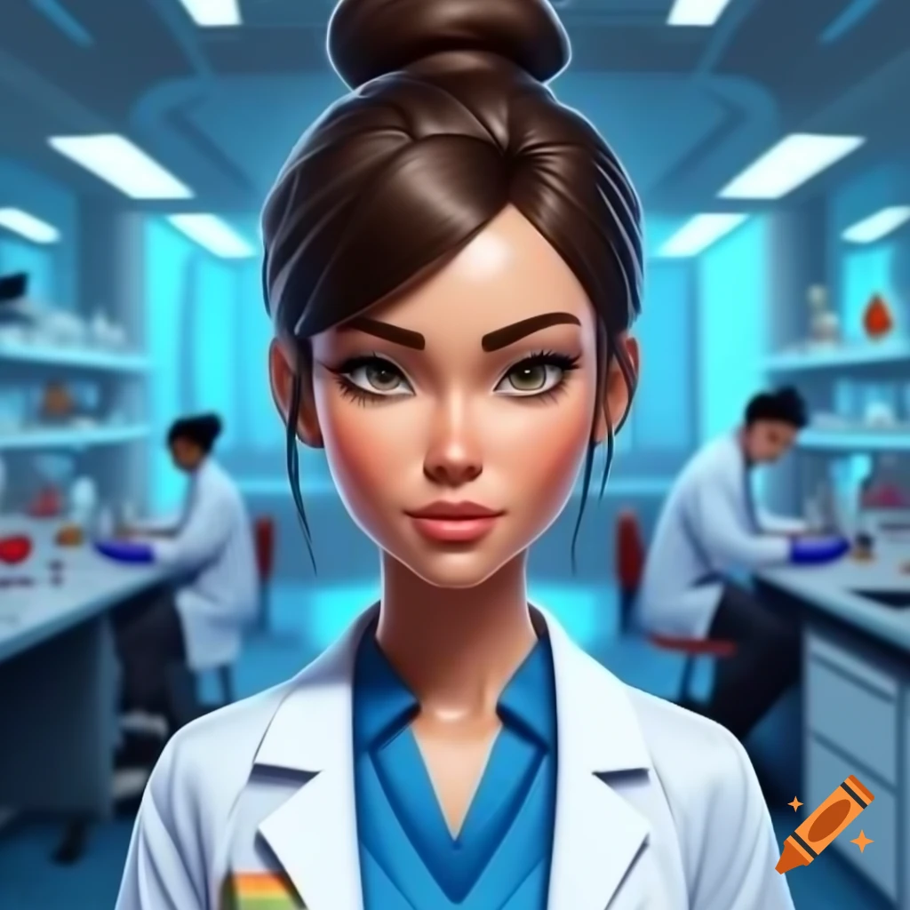 Woman pathologist in modern laboratory with technicians in background