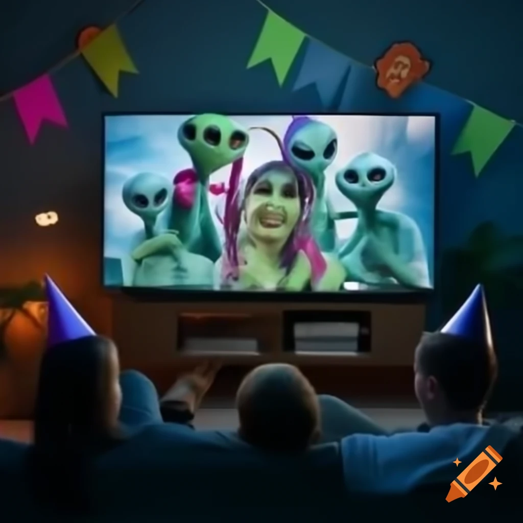 Family of aliens in party hats sitting on couch with video games on the floor