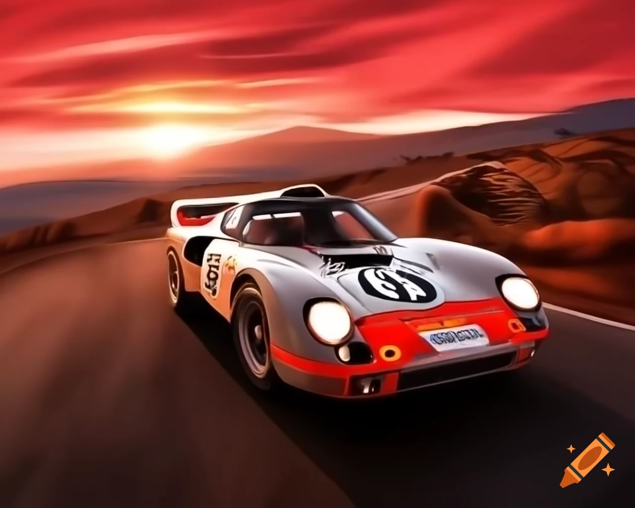 Porsche 917 drifting on winding road at Rallye Monte Carlo during red sundown, detailed painting