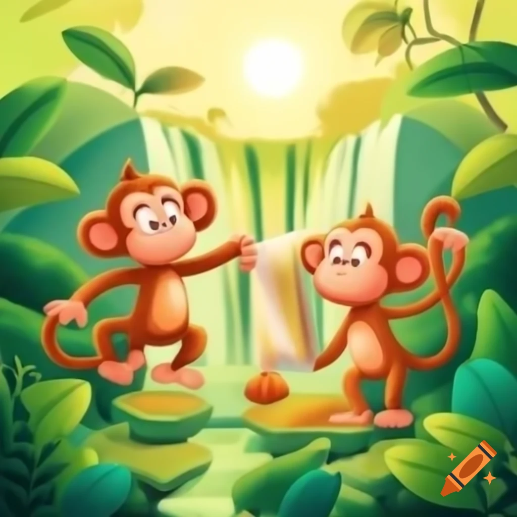 Vibrant jungle scene with monkeys and treasure map, cartoon style