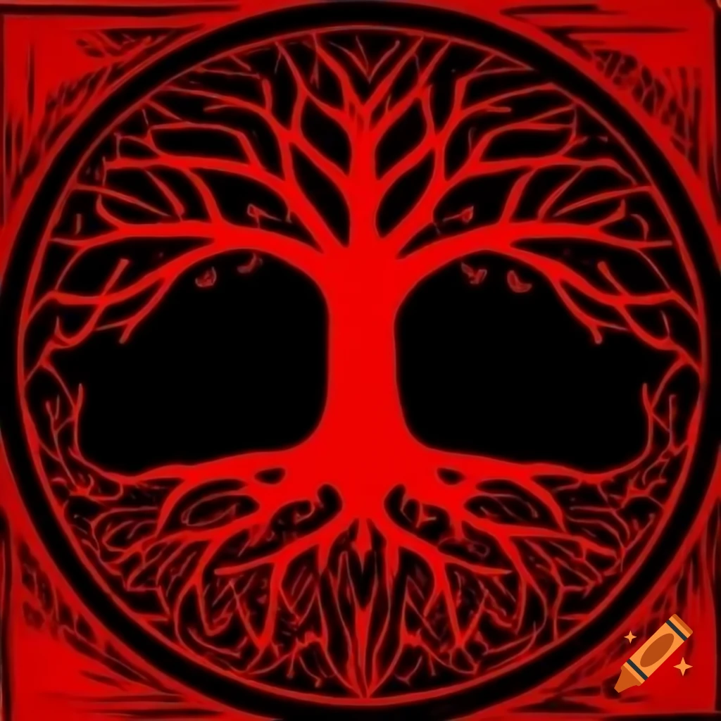 Mead label art featuring Yggdrasil in black and red colors