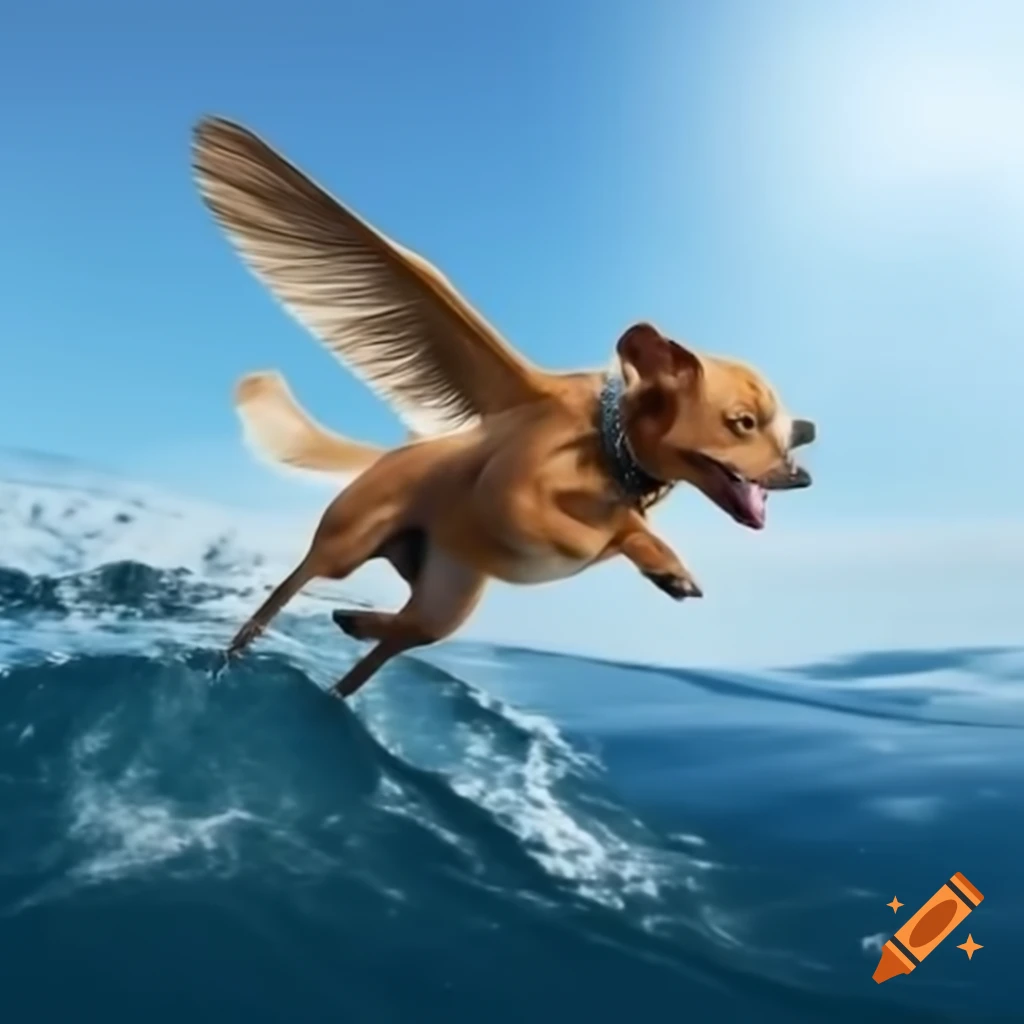 Photo realistic depiction of a dog flying over the sea