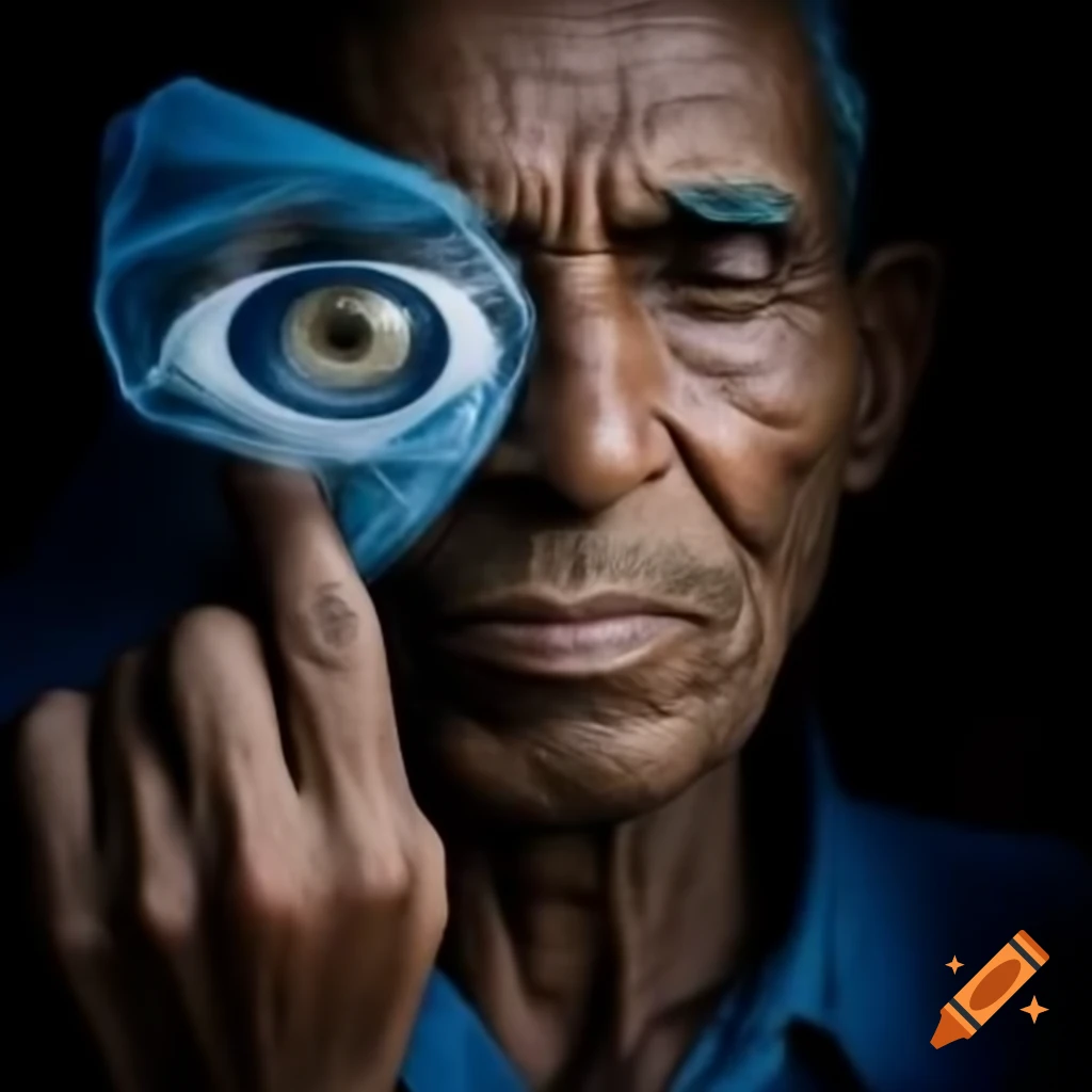 Man with plastic bag for an eye, surreal depiction