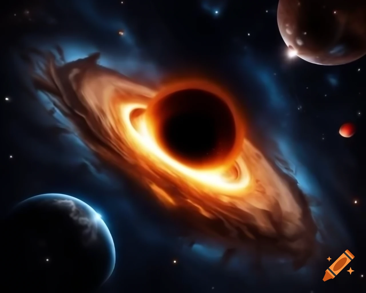 Realistic black hole in star-filled space with artistic lens flare